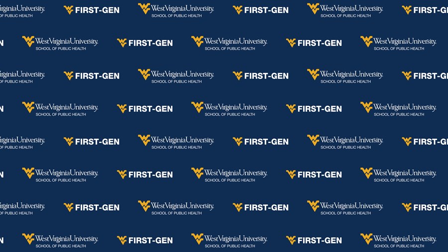 Dark blue Zoom background with patterned First-Gen wordmark and WVU School of Public Health logo lockup