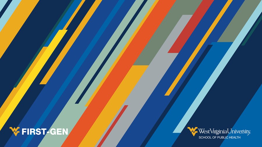Multicolor Zoom background with First-Gen wordmark on the lower left corner and School of Public Health logo lockup in the right corner
