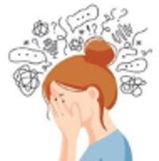 Picture of woman with head down and hands in face looking troubled by jumbled thoughts